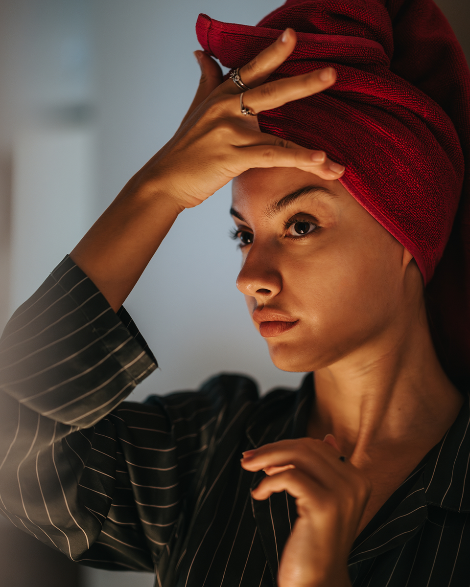 Γυναίκα μετά τη skincare ρουτίνα με πετσέτα στα μαλλιά