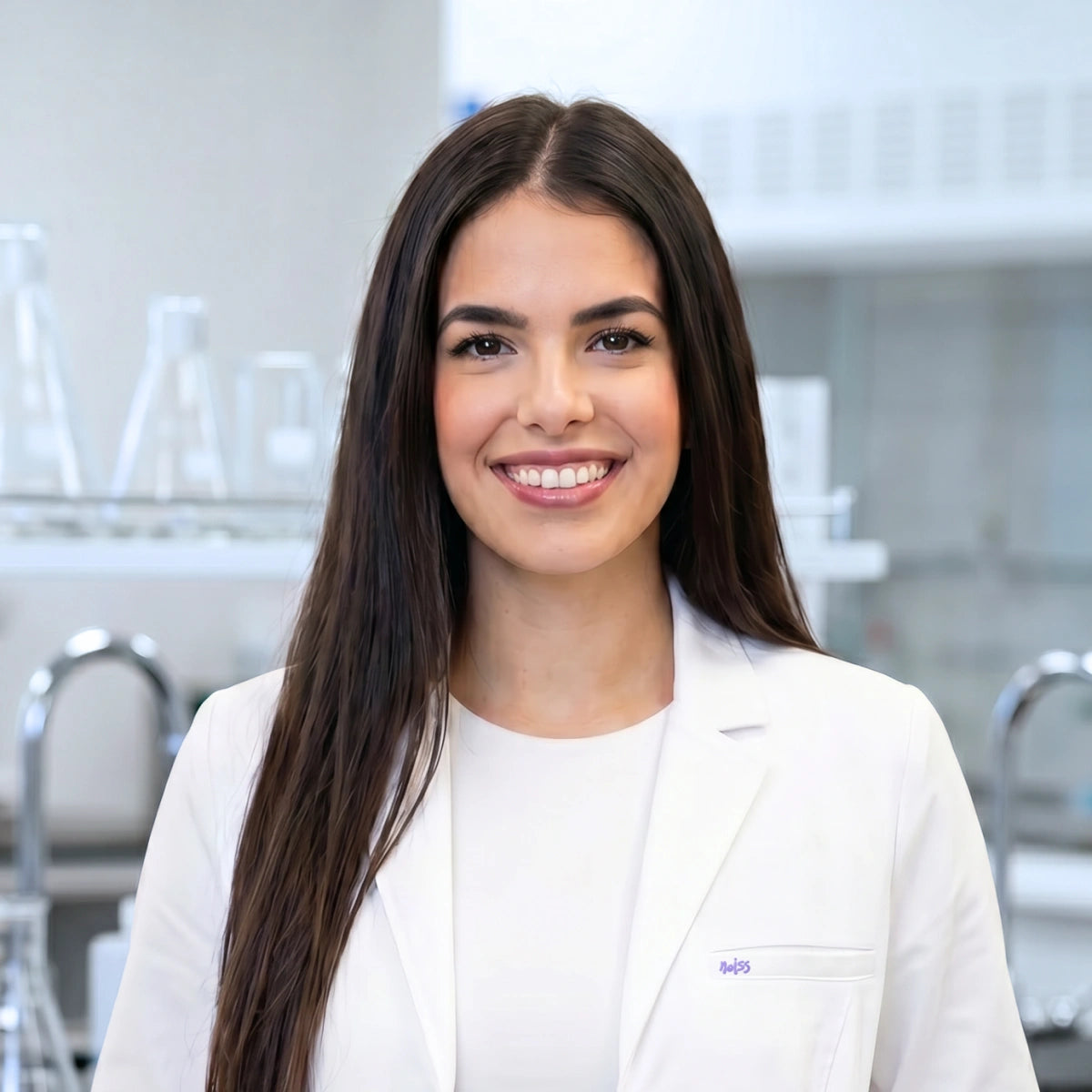 Woman in a white lab coat smiling in a laboratory setting