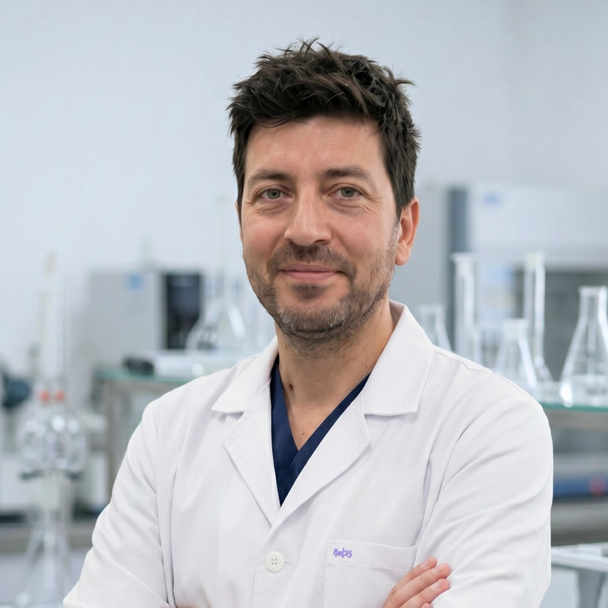 Man in a white lab coat standing in a laboratory setting