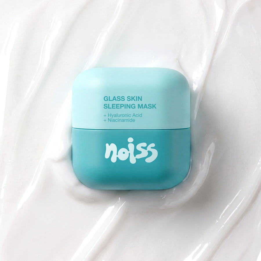 NOISS Glass Skin Sleeping Mask jar on hyaluronic acid gel texture