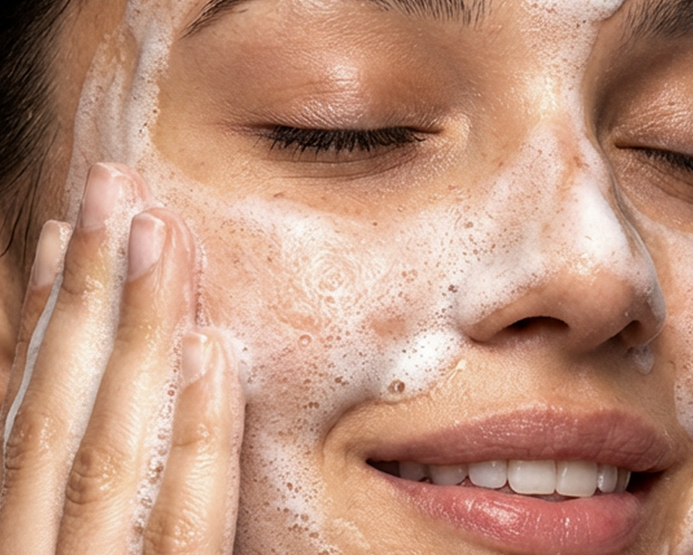 Woman applying NOISS Purifying Oxygen Foam Cleanser to face